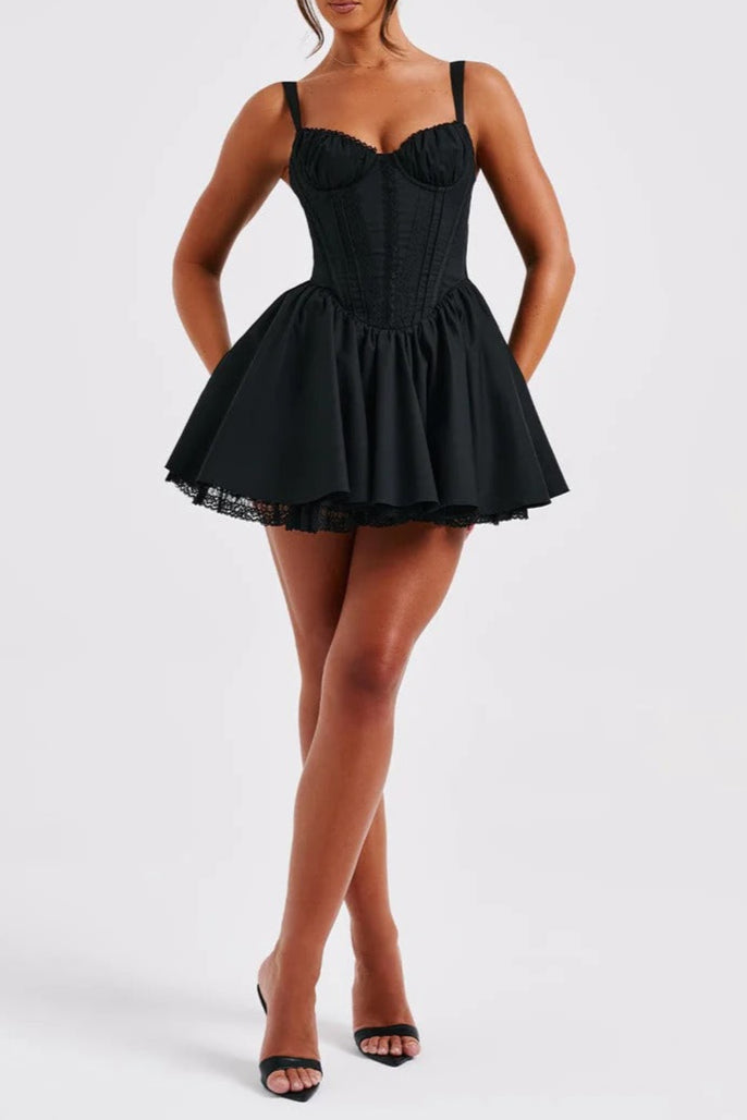 Lace Ruffle Trim Corset Mini Dress in Black Avalabel