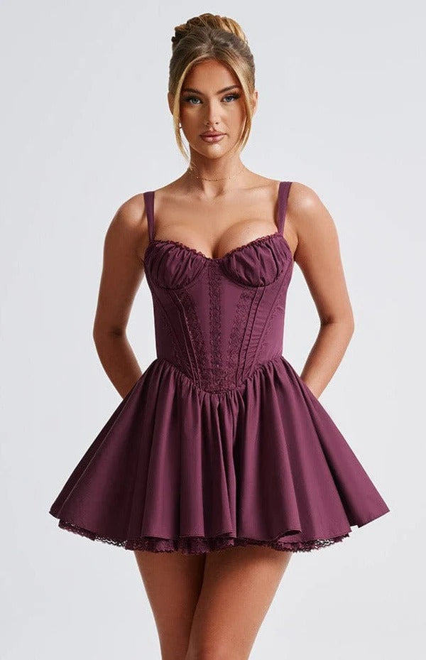 Lace Ruffle Trim Corset Mini Dress in Purple Avalabel