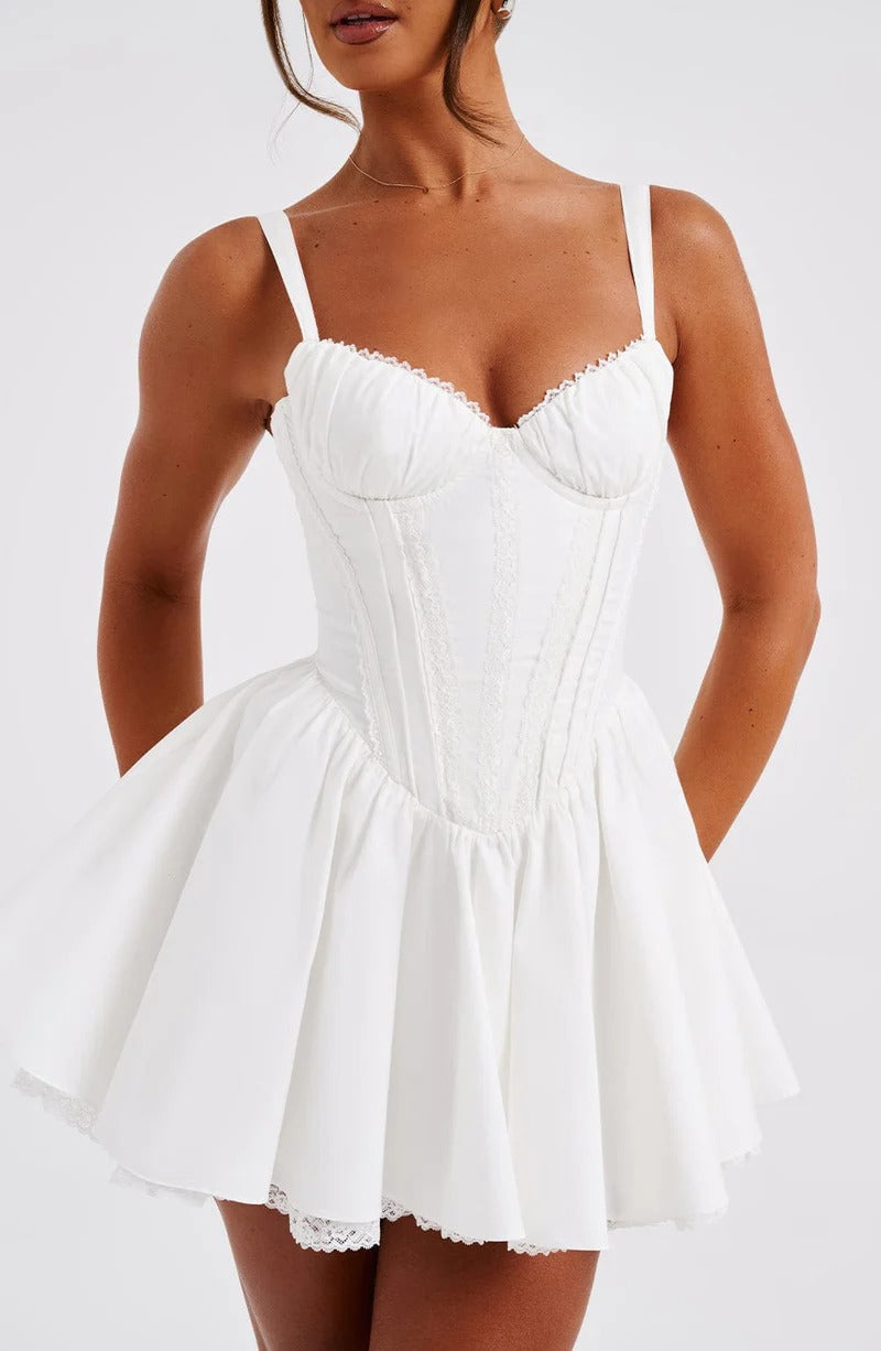 Lace Ruffle Trim Corset Mini Dress in White Avalabel