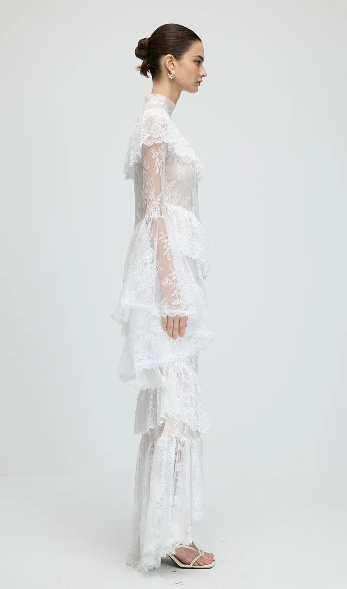 sylvia Sheer lace trumpet sleeve maxi dress in white Avalabel