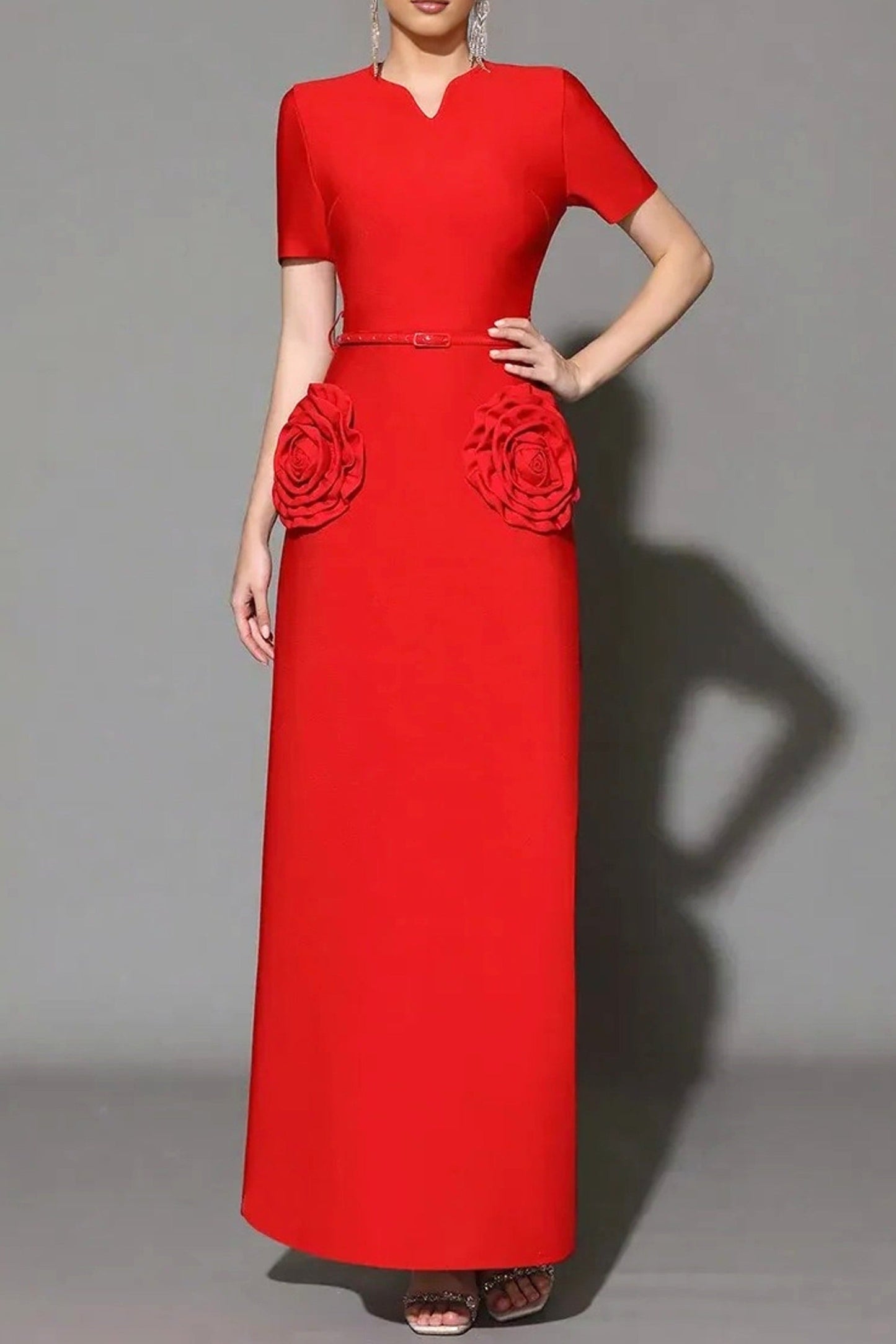 3D Flower Embellished Slim Maxi Dress in Red Avalabel