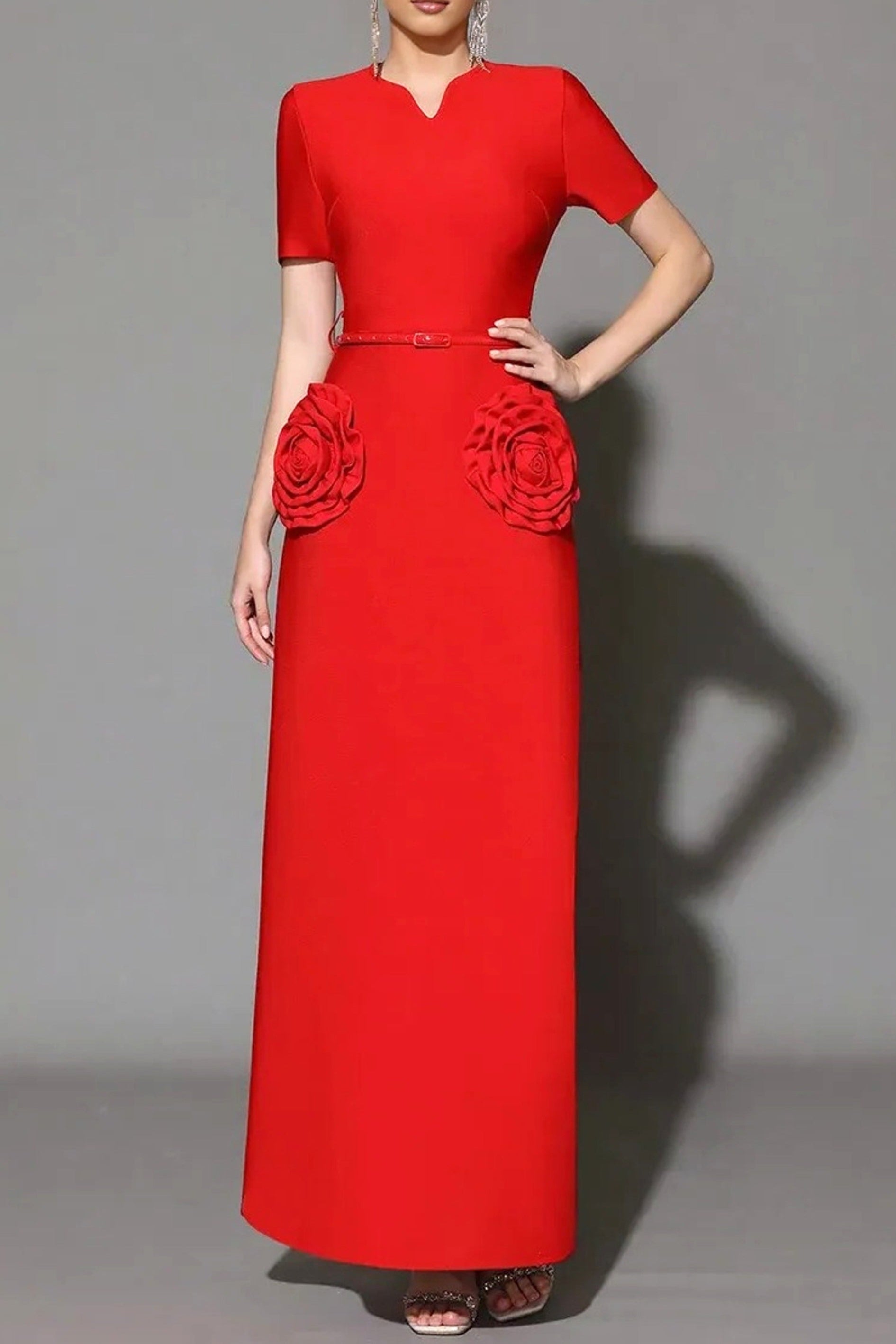 3D Flower Embellished Slim Maxi Dress in Red Avalabel