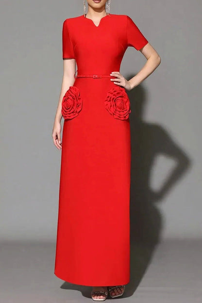 3D Flower Embellished Slim Maxi Dress in Red Avalabel