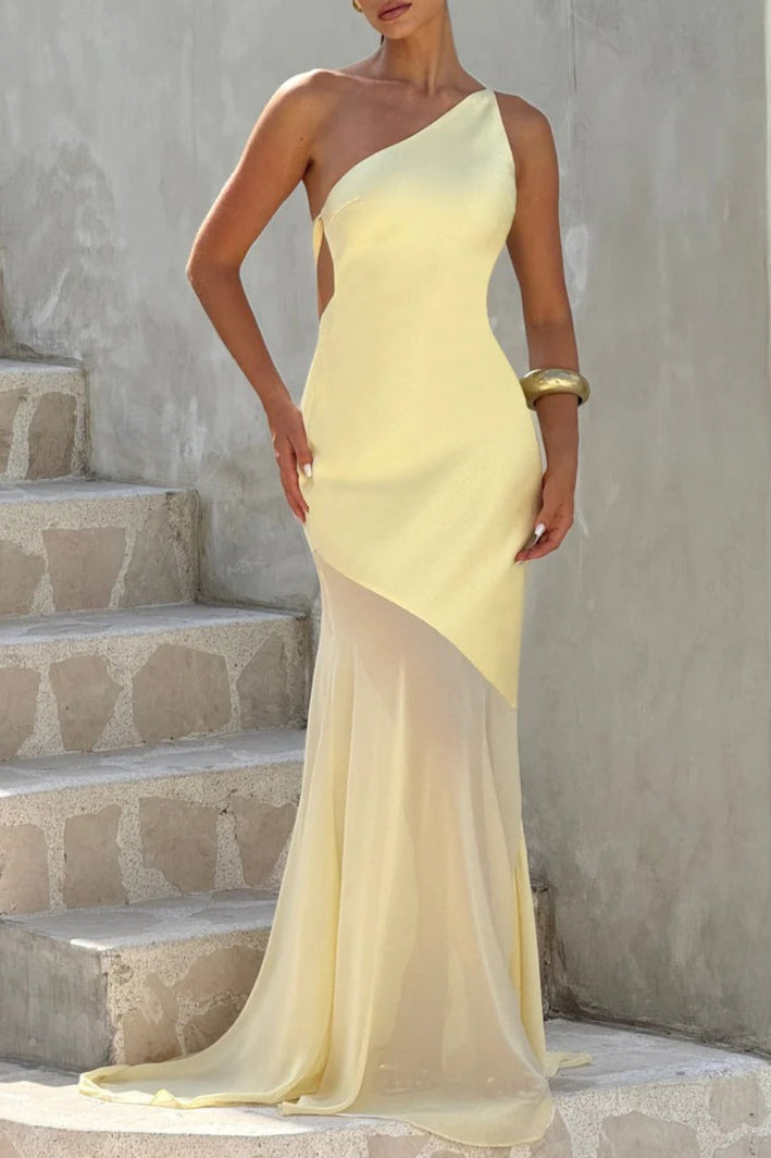 Lace-up Beveled Back Satin Maxi Dress in Lemon Yellow Avalabel