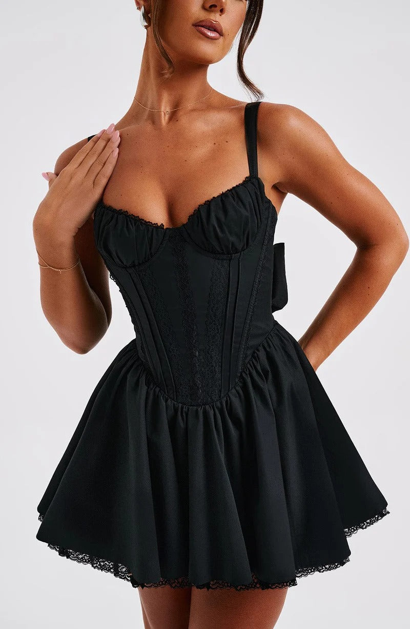 Lace Ruffle Trim Corset Mini Dress in Black Avalabel