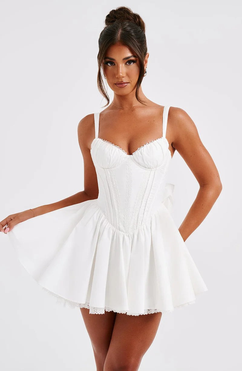 Lace Ruffle Trim Corset Mini Dress in White Avalabel