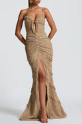 Slit Pleated Bodycon Maxi Dress in Ivory Avalabel
