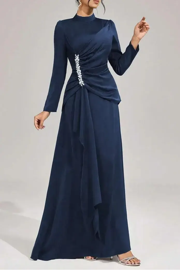 beulah Long sleeves with beading pleated maxi dress in blue Avalabel