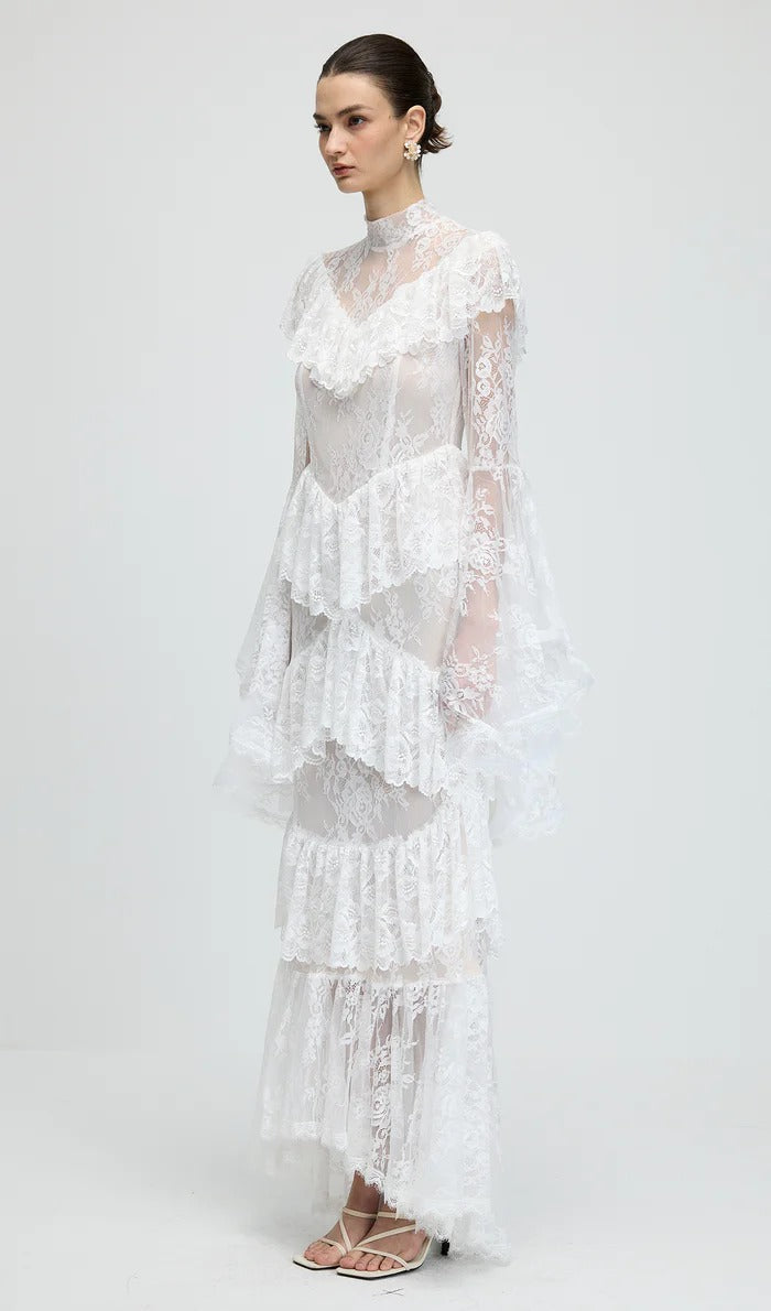 sylvia Sheer lace trumpet sleeve maxi dress in white Avalabel