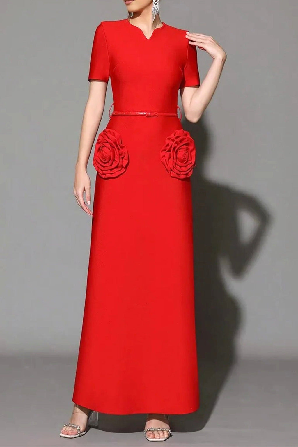3D Flower Embellished Slim Maxi Dress in Red Avalabel
