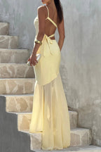 Lace-up Beveled Back Satin Maxi Dress in Lemon Yellow Avalabel