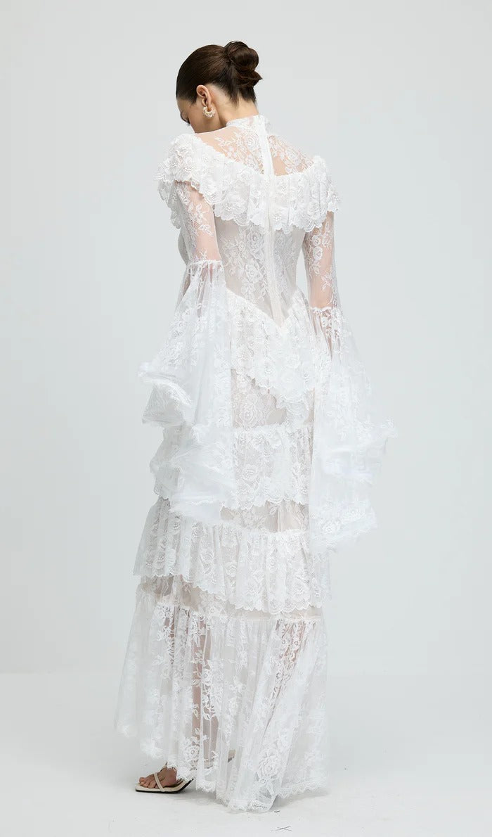 sylvia Sheer lace trumpet sleeve maxi dress in white Avalabel
