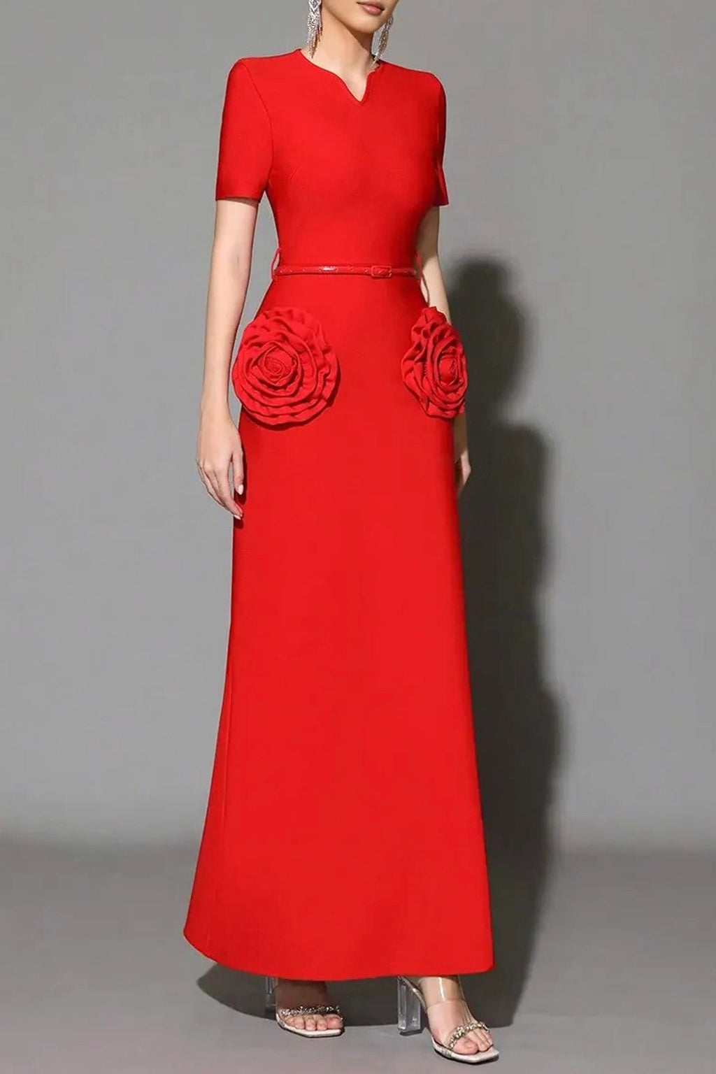 3D Flower Embellished Slim Maxi Dress in Red Avalabel