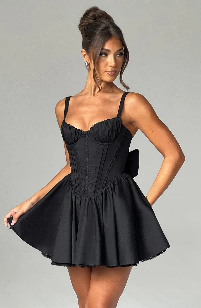Lace Ruffle Trim Corset Mini Dress in Black Avalabel