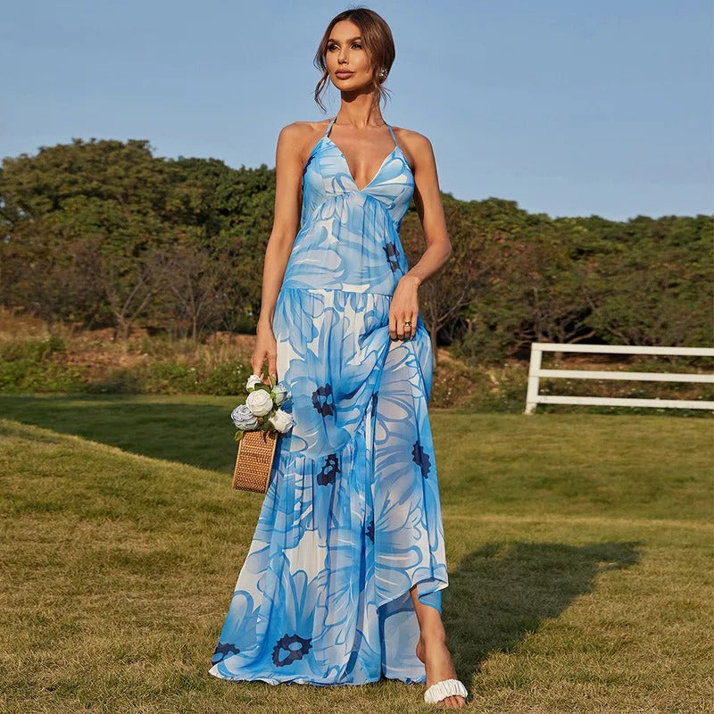 Blue & White Floral Print Halter Neck Tiered Maxi Dress Avalabel