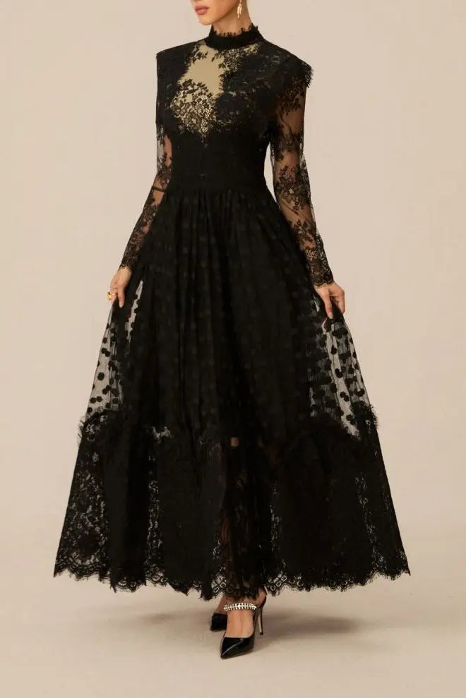 Elegant Enchantment Black Polka Dot Lace Maxi Dress Avalabel