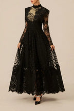 Elegant Enchantment Black Polka Dot Lace Maxi Dress Avalabel