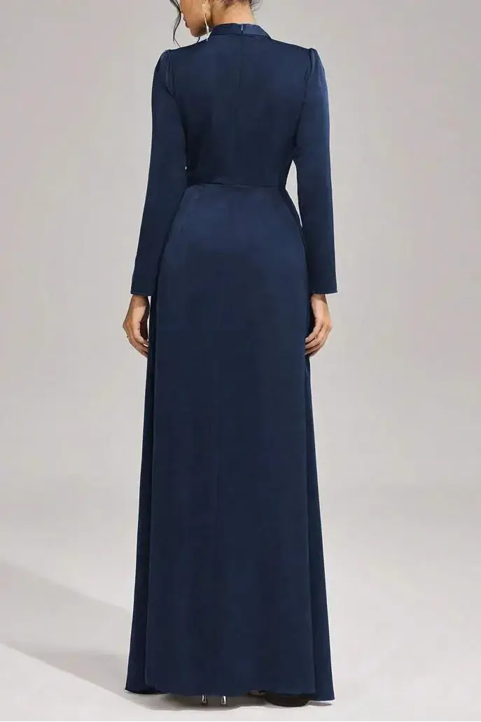 beulah Long sleeves with beading pleated maxi dress in blue Avalabel