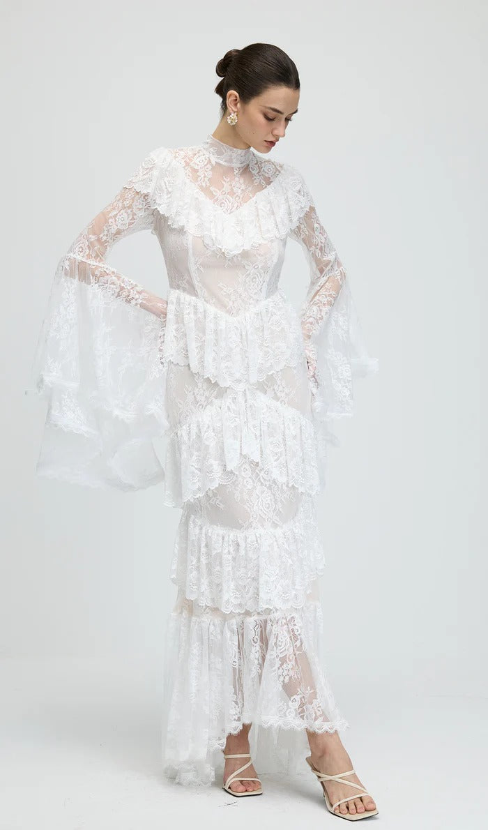 sylvia Sheer lace trumpet sleeve maxi dress in white Avalabel