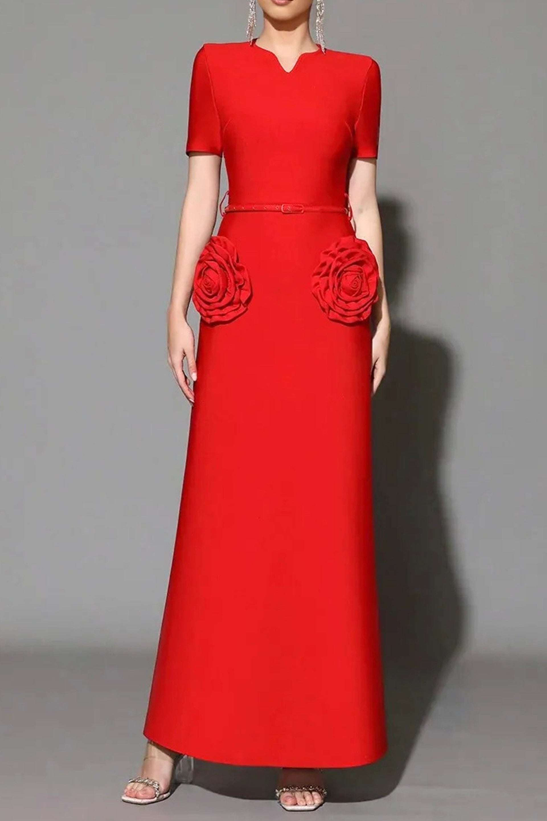 3D Flower Embellished Slim Maxi Dress in Red Avalabel