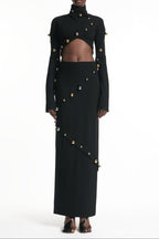 Button-embellished cotton-jersey top maxi skirt suit in black Avalabel