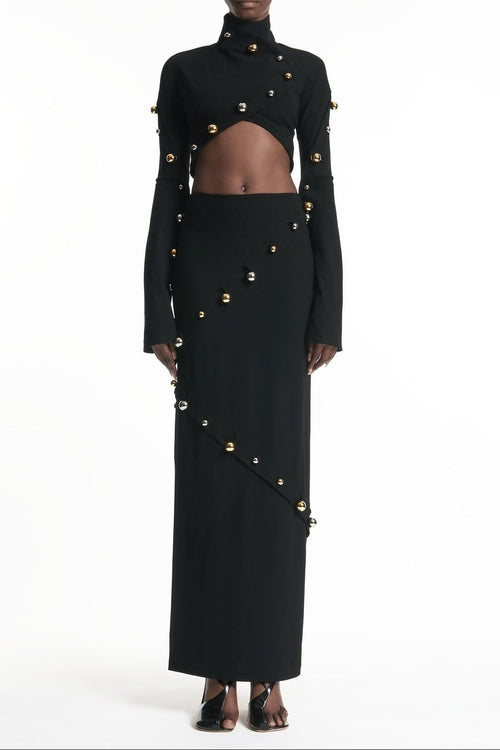 Button-embellished cotton-jersey top maxi skirt suit in black Avalabel