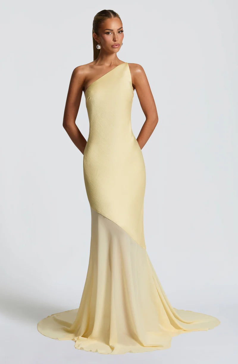 Lace-up Beveled Back Satin Maxi Dress in Lemon Yellow Avalabel