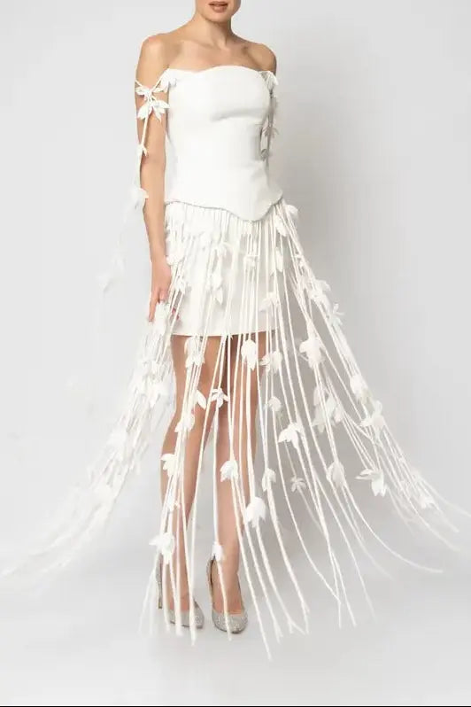 hilary white flower tassel strapless mini dress Avalabel