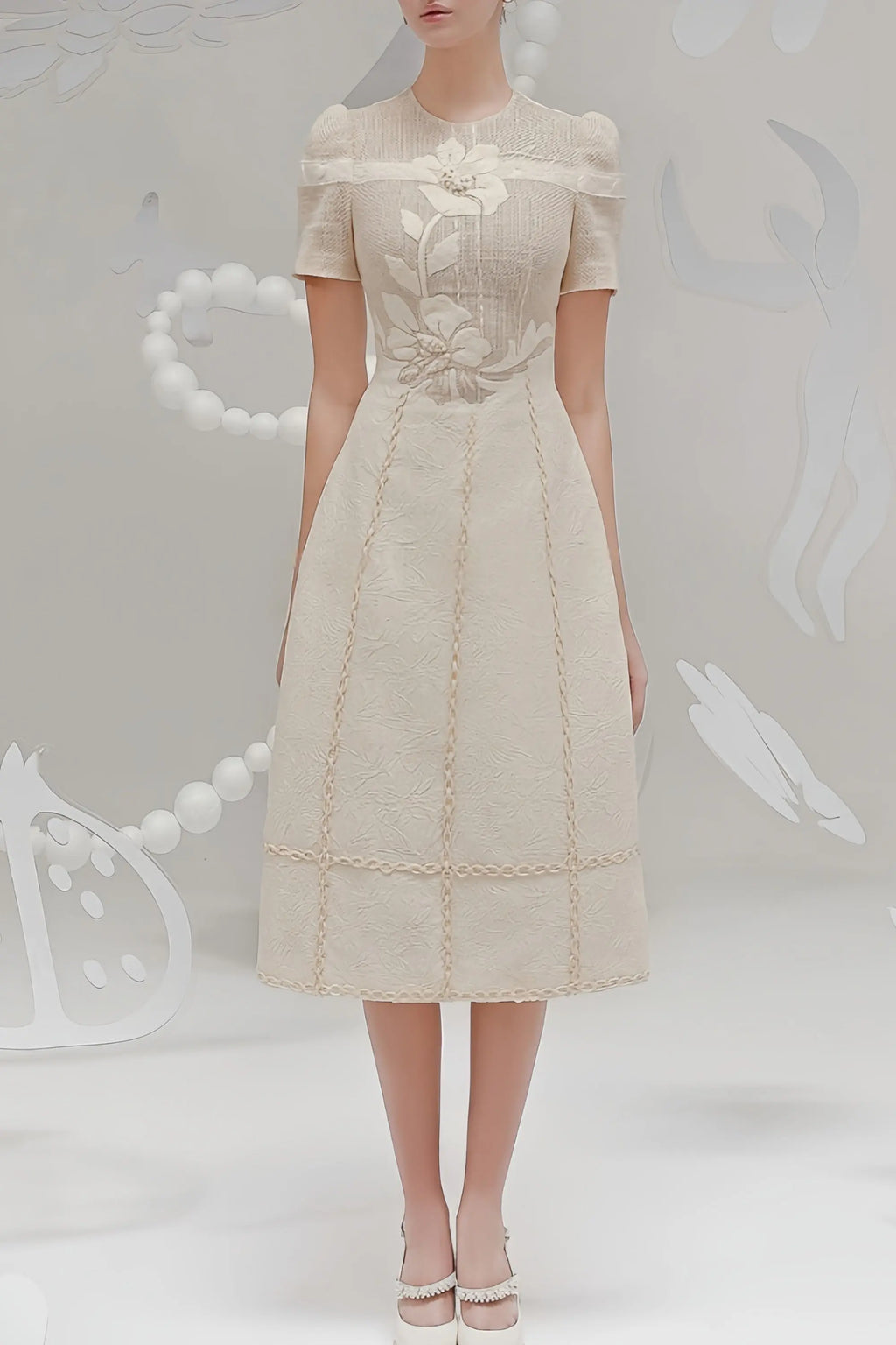 hermosa 3d floral embroidered hollow midi dress in apricot Avalabel