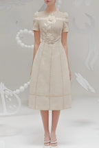 hermosa 3d floral embroidered hollow midi dress in apricot Avalabel