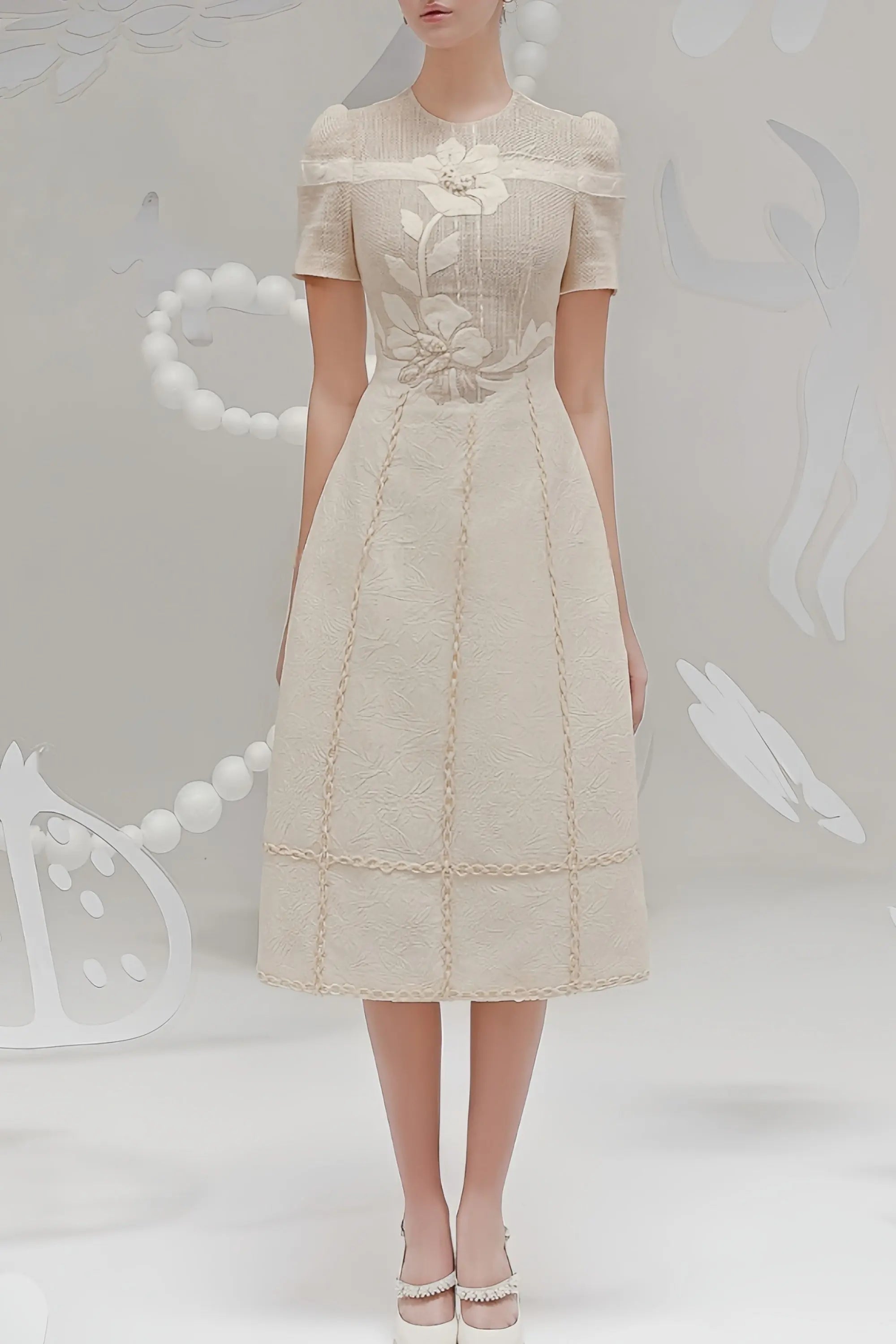 hermosa 3d floral embroidered hollow midi dress in apricot Avalabel