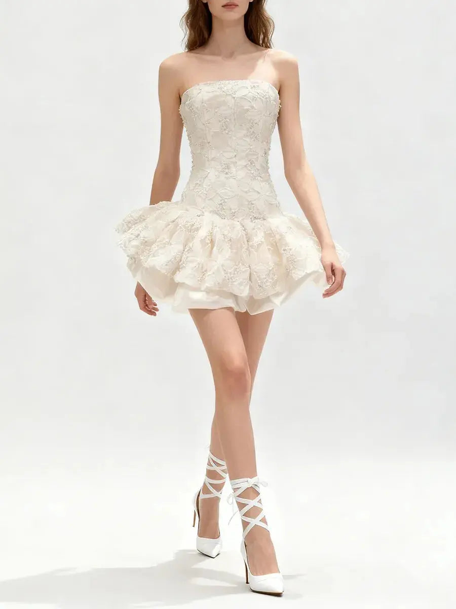 katherine Embroidered Lace Ruffle Mini Dress in pink Avalabel