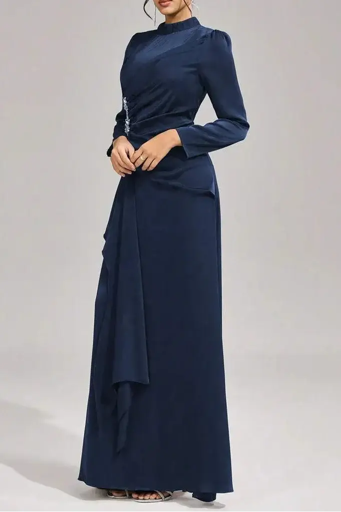 beulah Long sleeves with beading pleated maxi dress in blue Avalabel