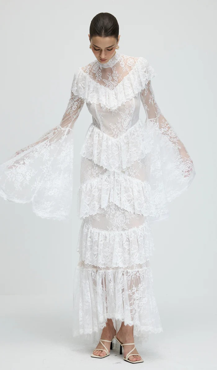 sylvia Sheer lace trumpet sleeve maxi dress in white Avalabel