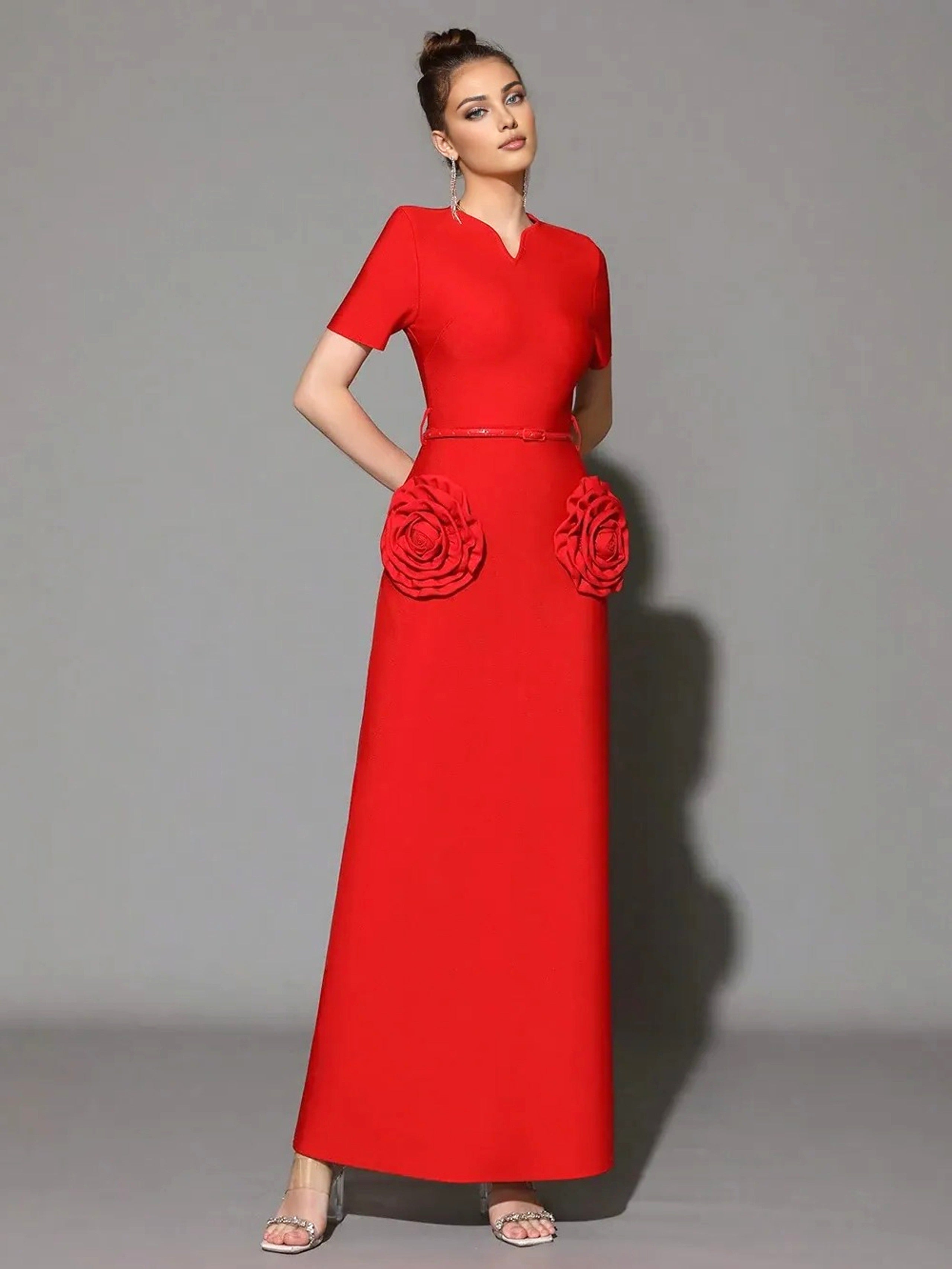 3D Flower Embellished Slim Maxi Dress in Red Avalabel