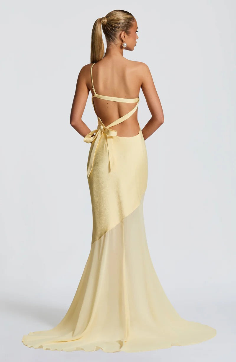Lace-up Beveled Back Satin Maxi Dress in Lemon Yellow Avalabel