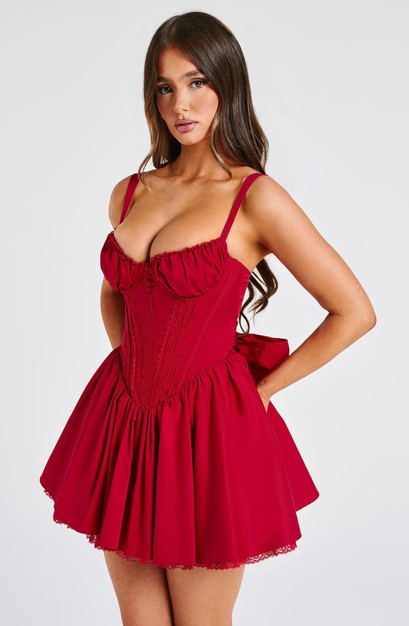 Lace Ruffle Trim Corset Mini Dress in Red Avalabel