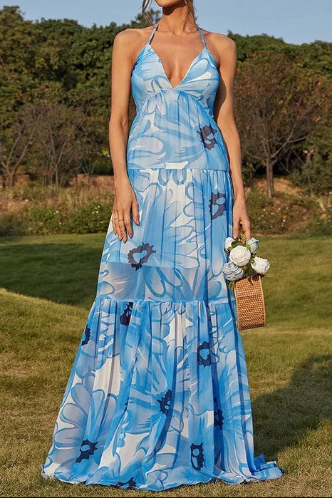 Blue & White Floral Print Halter Neck Tiered Maxi Dress Avalabel