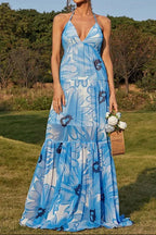 Blue & White Floral Print Halter Neck Tiered Maxi Dress Avalabel