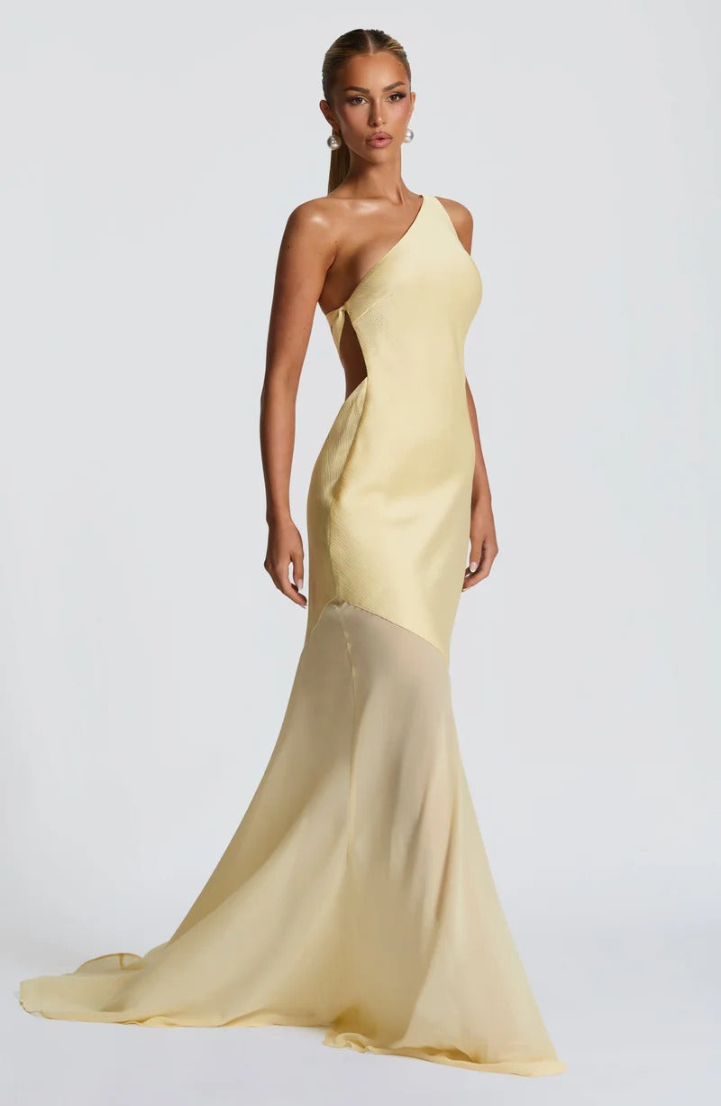Lace-up Beveled Back Satin Maxi Dress in Lemon Yellow Avalabel