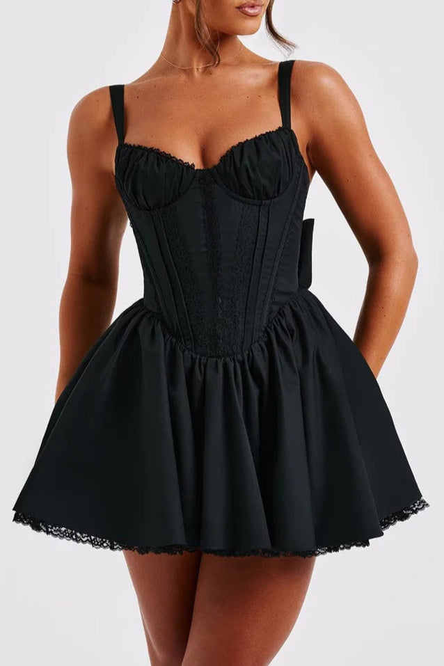 Lace Ruffle Trim Corset Mini Dress in Black Avalabel