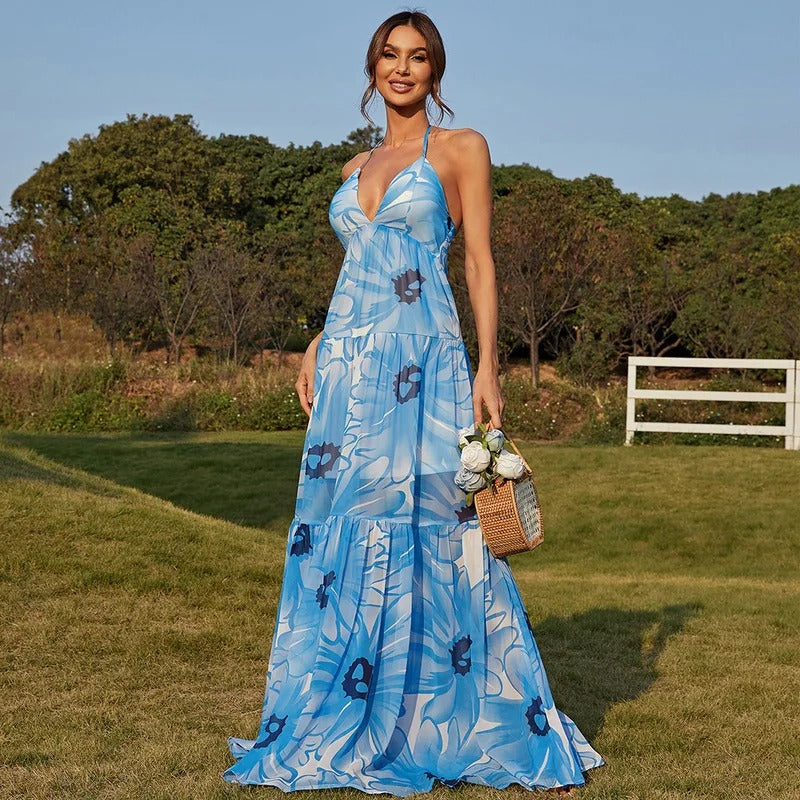 Blue & White Floral Print Halter Neck Tiered Maxi Dress Avalabel