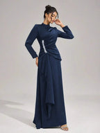 beulah Long sleeves with beading pleated maxi dress in blue Avalabel