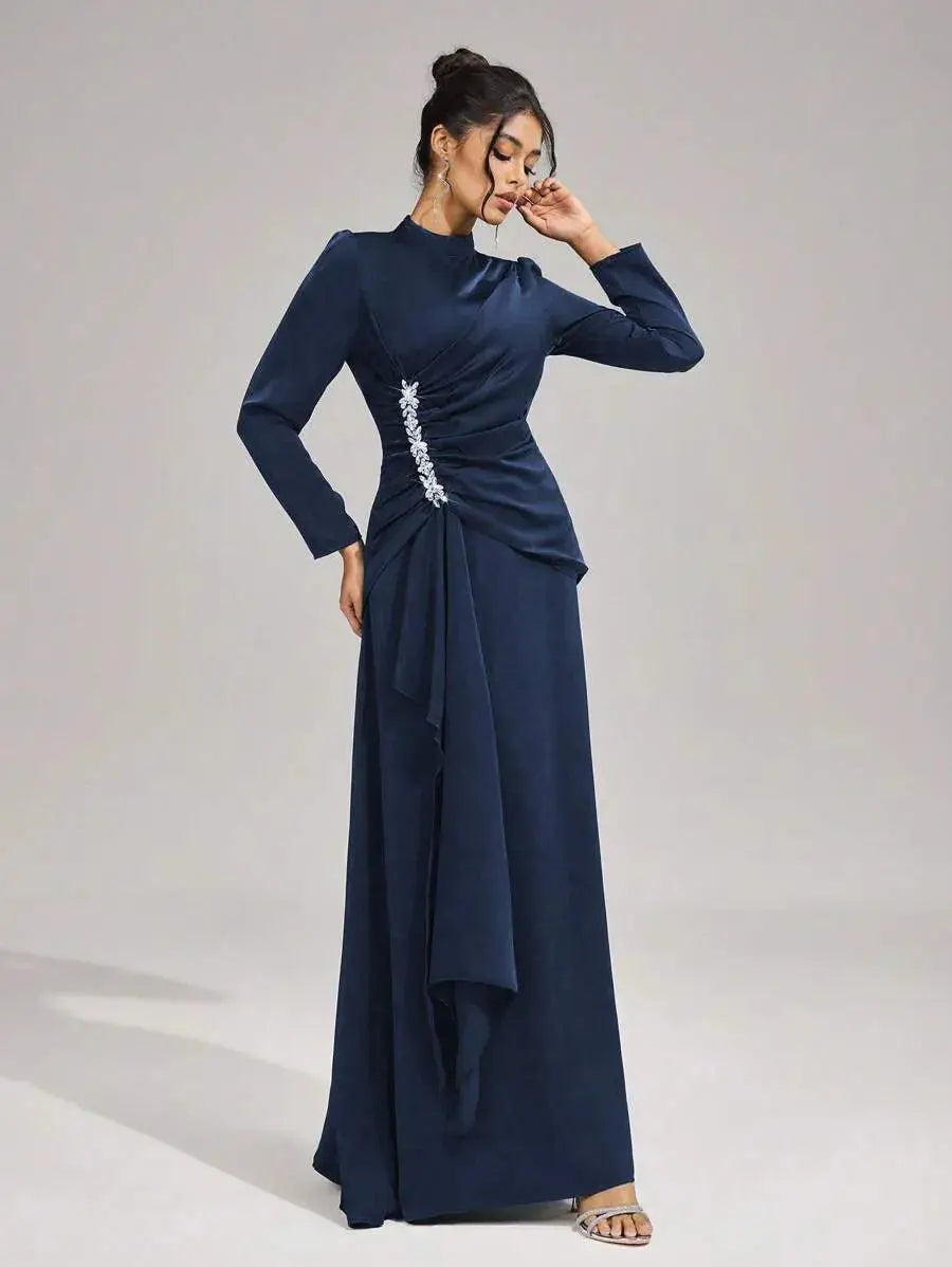 beulah Long sleeves with beading pleated maxi dress in blue Avalabel