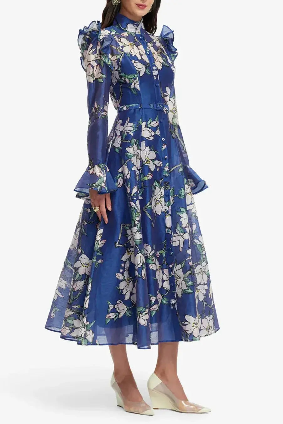 joyce Butterfly Sleeve Midi Dress - Midnight Magnolia Print Avalabel