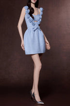 Chaya Pastel Blue 3d Flower Ribbon Mini Dress Avalabel