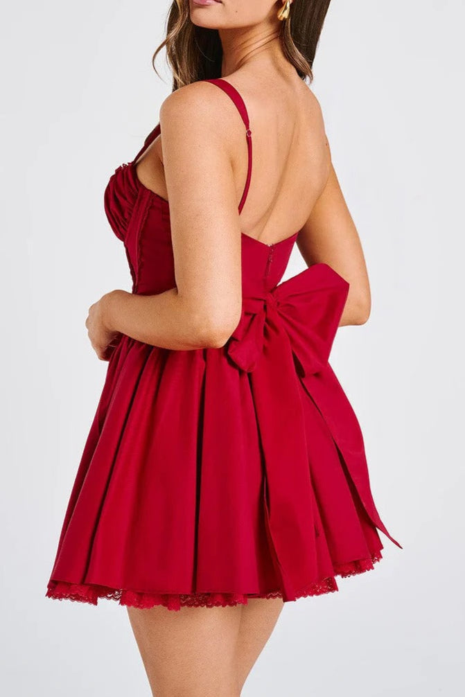 Lace Ruffle Trim Corset Mini Dress in Red Avalabel