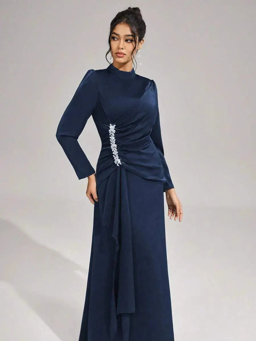 beulah Long sleeves with beading pleated maxi dress in blue Avalabel
