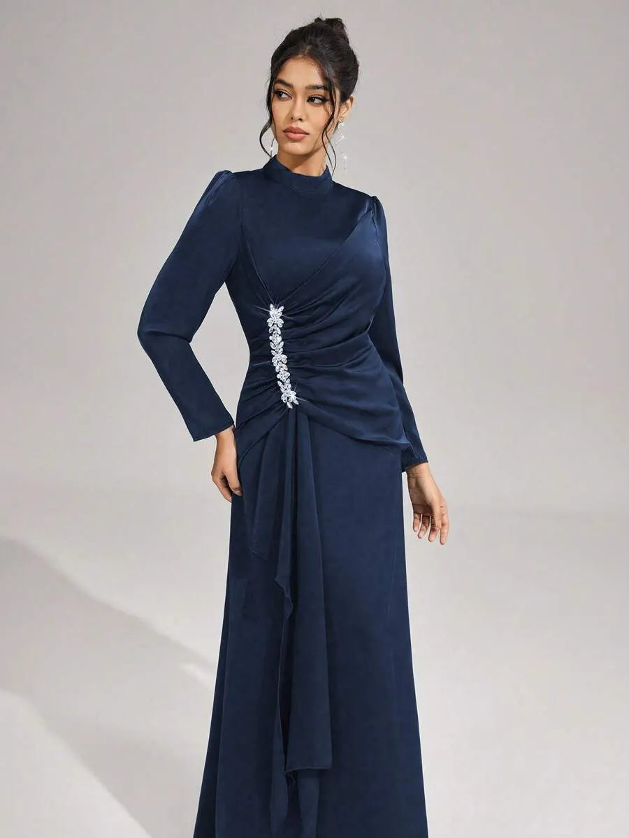 beulah Long sleeves with beading pleated maxi dress in blue