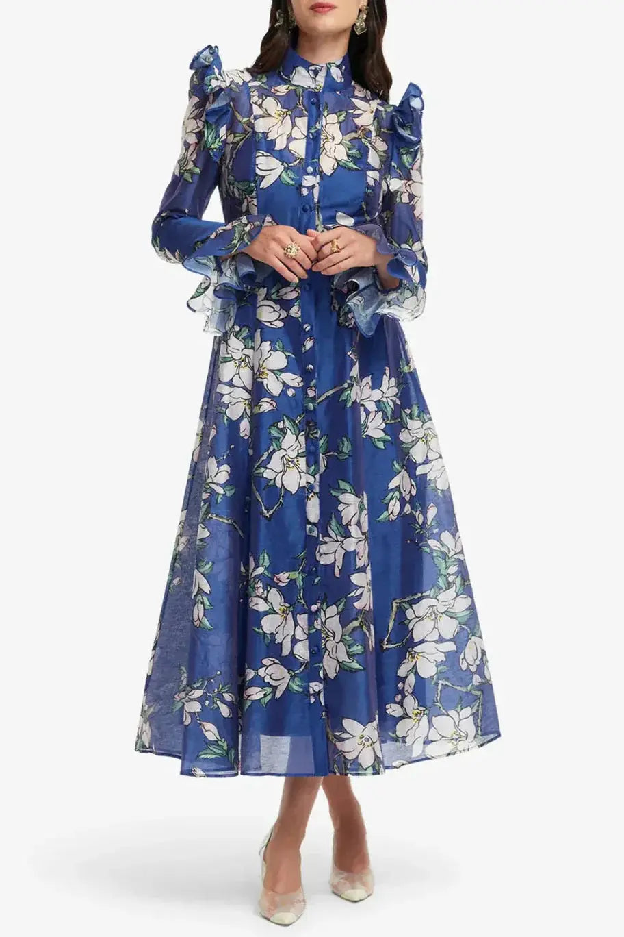 joyce Butterfly Sleeve Midi Dress - Midnight Magnolia Print Avalabel